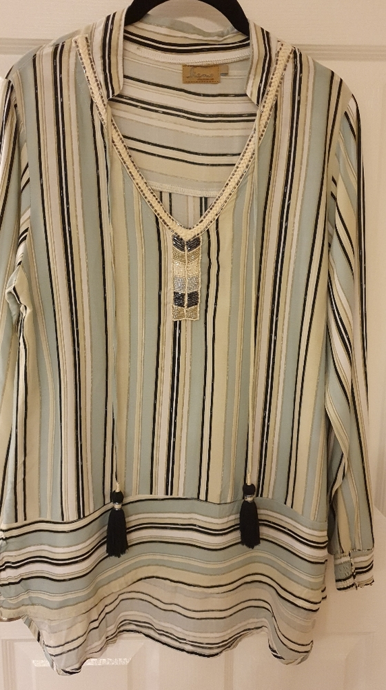 Top with Beads size Small Boho Bahamian Vibe Navy Cream Stips Beaded tassels